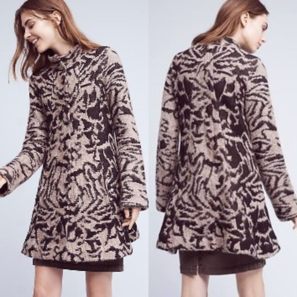 Anthropologie Animal Jacquard Driving Coat Jacket Black & Tan